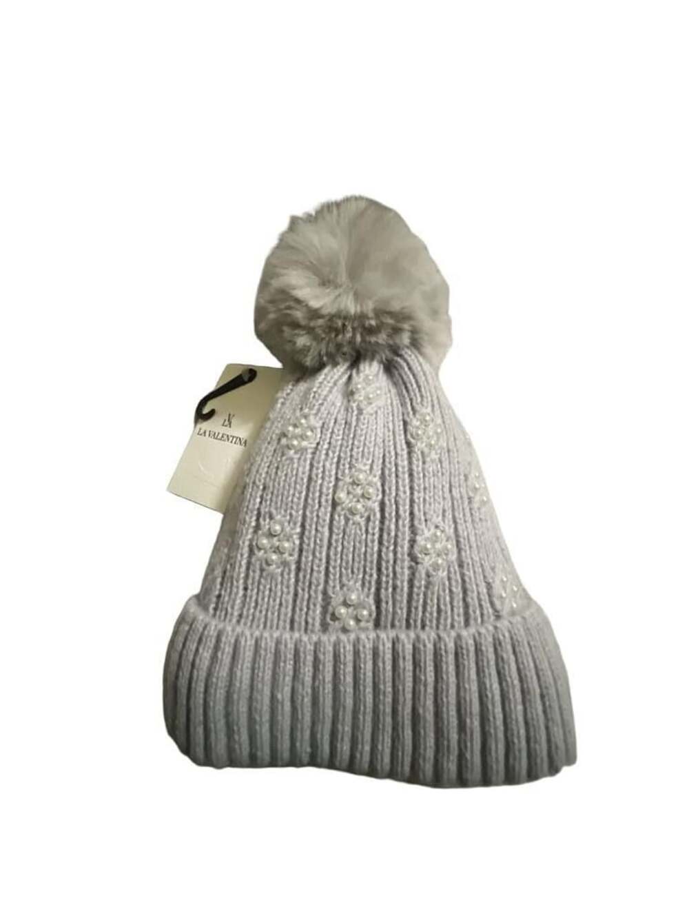 La Valentina Grey Knit Beanie with Pearl Clusters and Faux Fur Pom